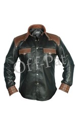 REAL LEATHER Mens Long Sleeve Black Cowboy Police Style Shirt BLUF Most Sizes