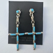 Zuni Hopi Native American Sterling Silver Cross Earrings Dangle Turquoise 1 7/8"
