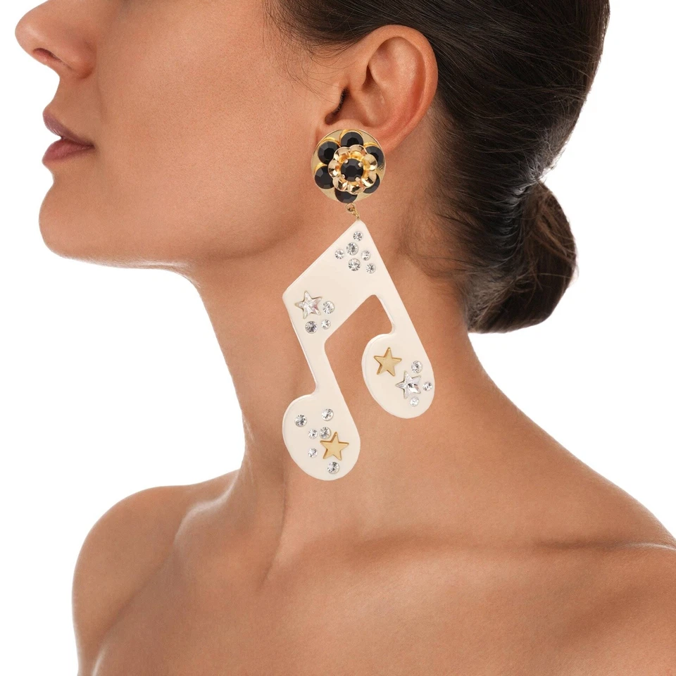 DOLCE & GABBANA Stelle Estrella Nota Música Cristal Clip Pendientes Dorado Blanco 12332 Foto 3 de 3