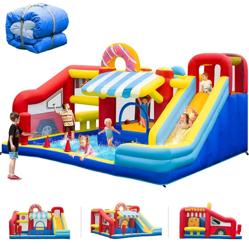 Inflatable Bounce House Bouncer for Kids w/ Toy Market Stand & Slide 450W Blower