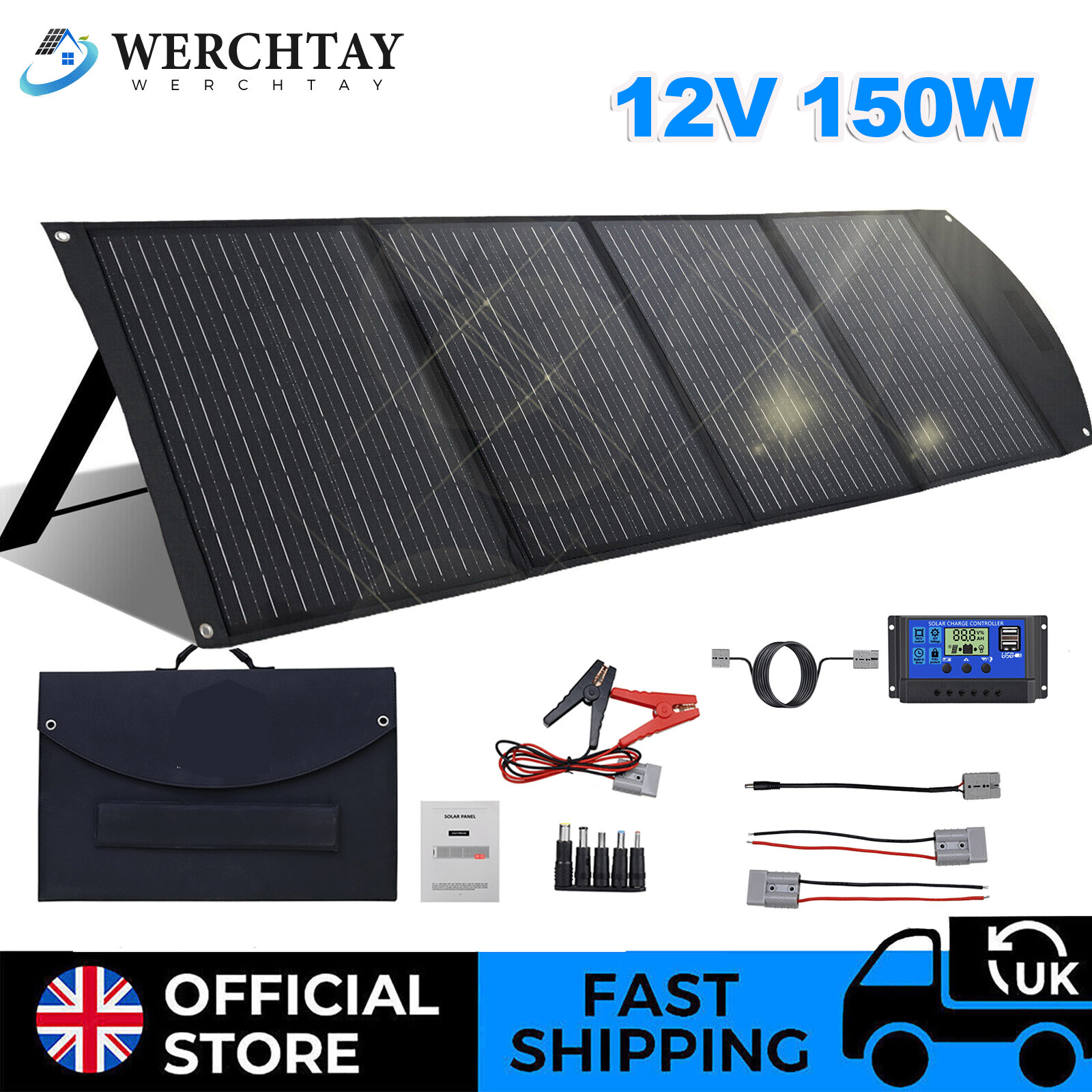 150W 12V Portable Folding Solar Panel Kit for Car/Caravan/Power Station/Camping