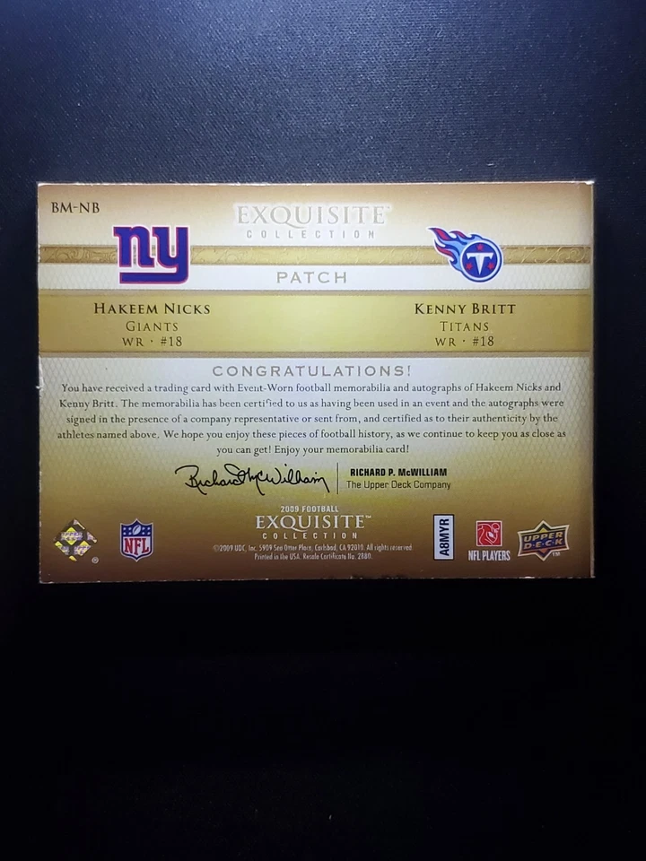 Exquisite Collection Gold 50/50 2009 Hakeem Nicks Kenny Britt novato automático radiocontrol Foto 3 de 4