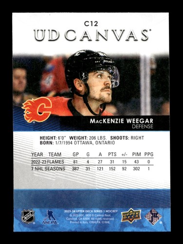 3-10-23 PWE READ . 2023-24 UD series 1 canvas #c12 mackenzie weegar - Picture 2 of 2