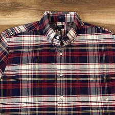 J. Crew Oxford Shirt Mens Large Slim Red Navy Plaid Cotton Twill Button Down