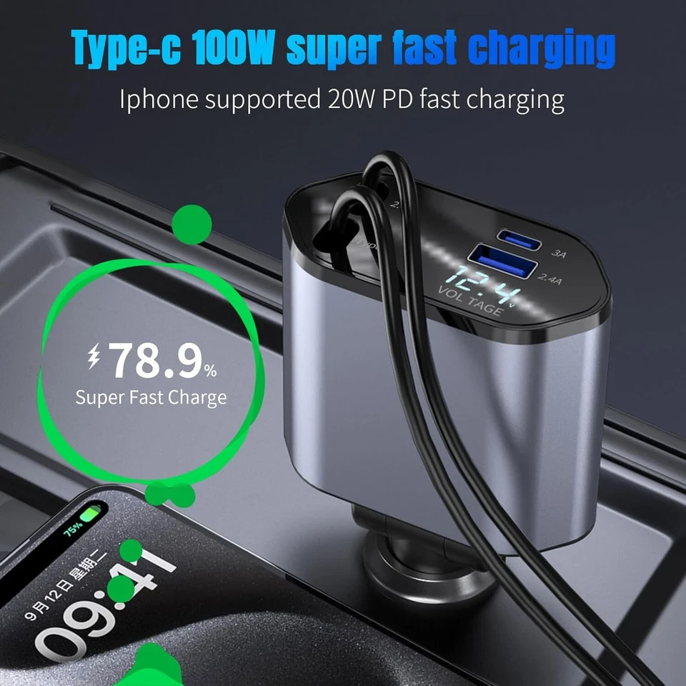 Retractable Car Charger 4in1 Fast Car Phone 16 Charger 120W USB Type C Cable Lot - Image 2 of 4