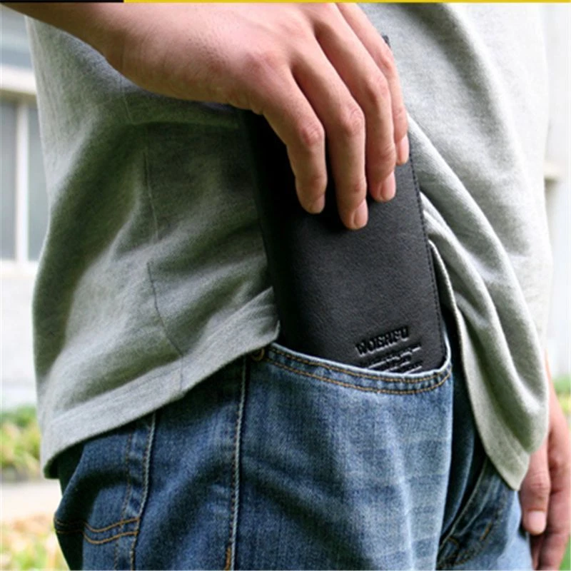 Carteira de couro masculina dobrável porta-cartão de identificação bolsa talão de cheques longa embreagem carteira - Imagem 3 de 4