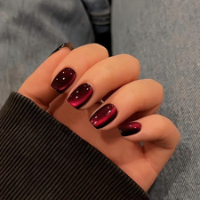 Cat Eye Dark Red Press on Nails Short, 30 Pcs Press on Nails Black to Red