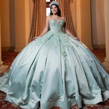 Green Appliques Ball Gown Elegant Satin Quinceanera Dresses For Girls Sweetheart