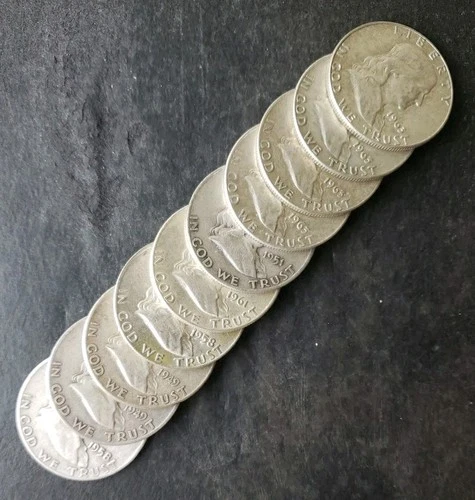 Lot of 10 50c Franklin Silver Half Dollars