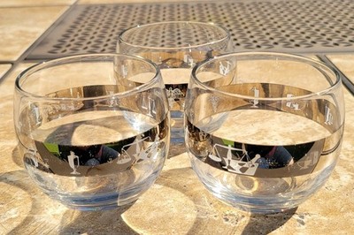 3 Clear Etched Glass Dorothy Thorpe Roly Poly Tumblers Apothecary Rx Pattern MCM