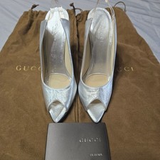 Gucci Metallic Silver Tom Ford Leather Peep Toe Slingback Pumps Heels