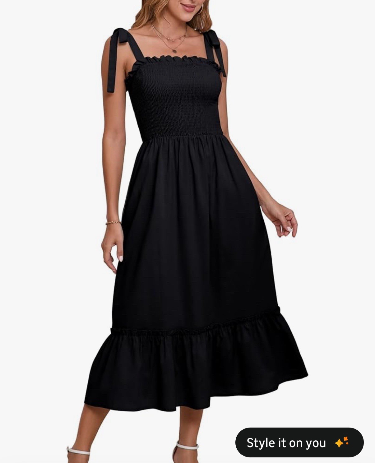 Smocked Midi Dress Tie Straps Ruffle Sleeveless Square Neck Pockets Black Women