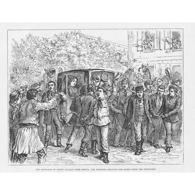 Serbien Vertreibung der Königin Natalie - antiker Druck 1891