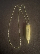 Vintage Scrimshaw Powderhorn W/Feather. Sterling Chain & Accents. Brass Tip.