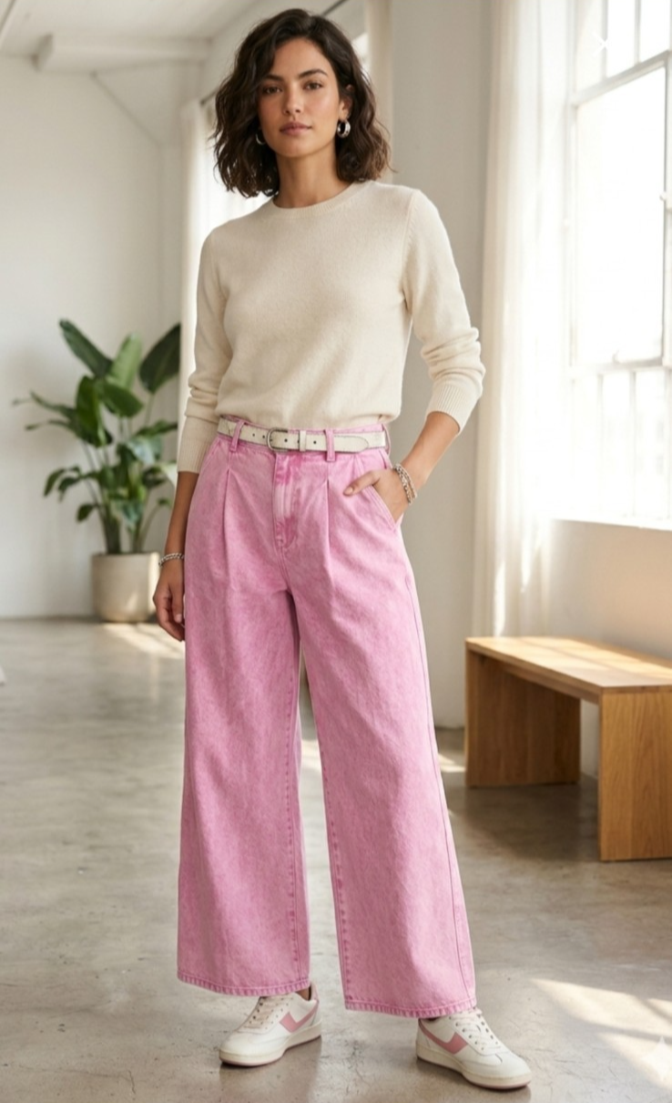 NWT Avec Les Filles Pink Ibiza Wash Pleated Wide Leg Jeans Sz 31 Barbiecore Y2K