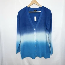 TALBOTS Blue Dip Dye Ombre Button Front Girlfriend Cardigan Sweater L Cotton NWT