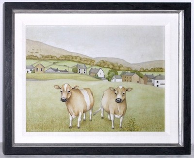 Charlotte Lynn Oil Painting 2 COWS Custom Frame Signed London Gallery Card 1986