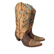 Vintage Corral C1620 Women's Brown Turquoise Floral Cowgirl Boots Size US 10 M