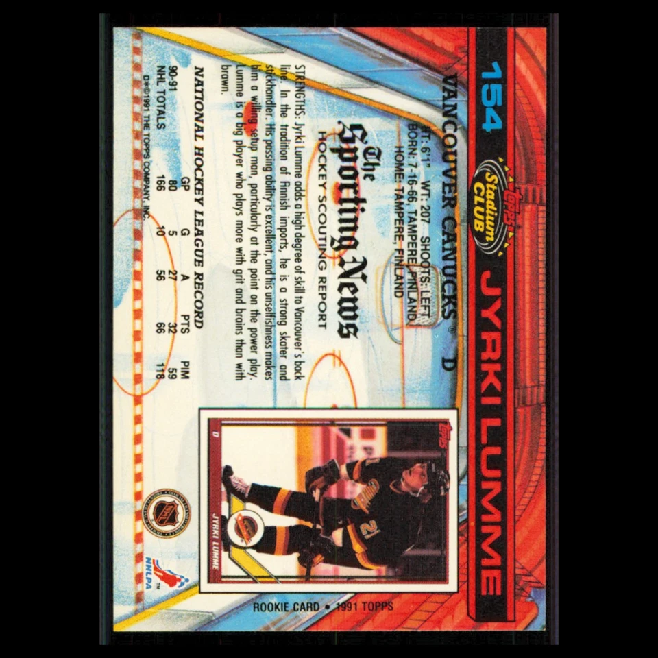 Jyrki Lumme #154 1991 Topps Stadium Club Vancouver Canucks Hockey Card NHL NM - Image 2 of 3