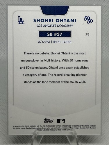 Tarjeta de 50/50 Topps Shohei Ohtani de los Dodgers de Los Ángeles 2024 74 SB #37 - Imagen 2 de 2