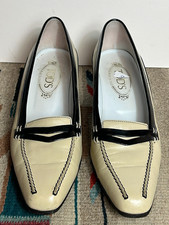 Women's Tod's Italy Cream/Black Penny Loafer Kitten Heel Loafer Sz. 8B