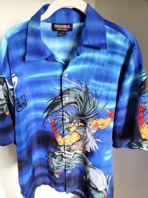 MONBA Sports Wear Mens L Blue Anime Samurai Warrior Graphic Button Up Shirt