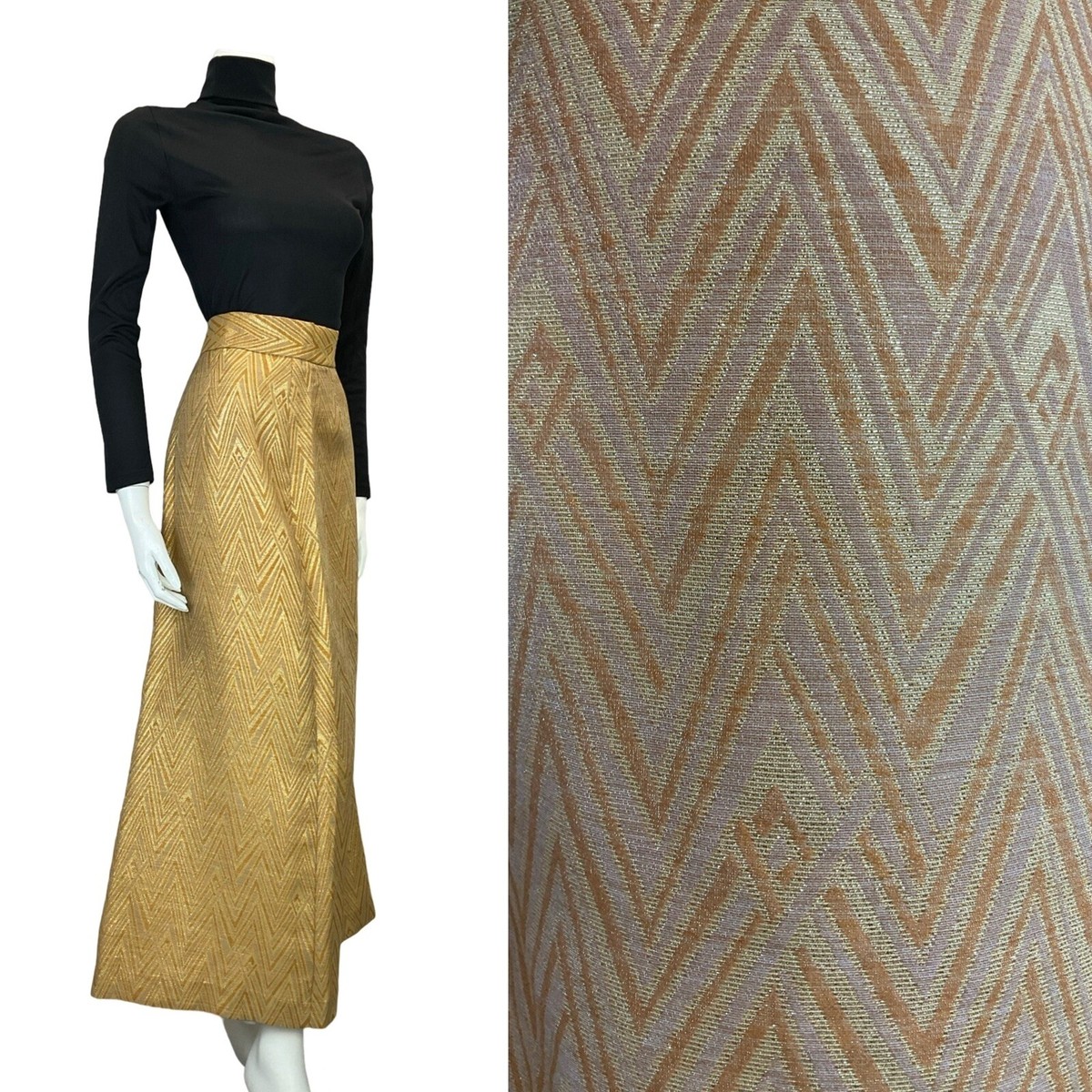 VTG 60S 70S ZIG ZAG GEOMETRIC CREAM GOLD PARTY SLIT MAXI SKIRT