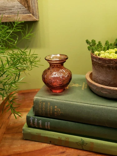 Fenton ? Perfect Condition Mini Cranberry Glass Vase Leaf Design 2 1/2"Tall