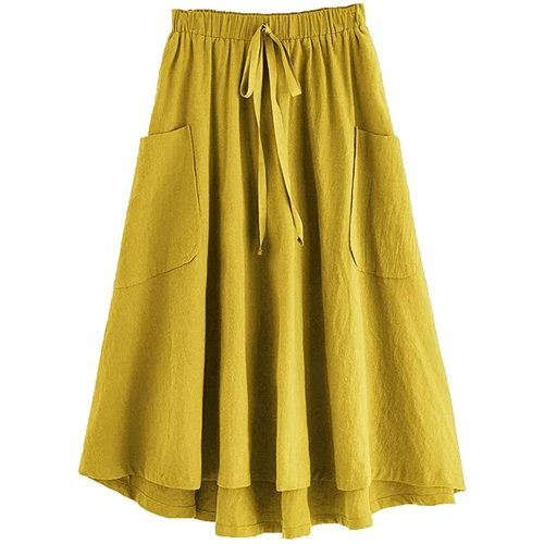 Lady Skirt Casual Summer Womens Loose Midi Length A-Line Skirt with Pockets
