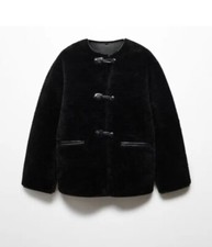 Mango Appliques Fur-effect Coat Appliqués Black - Size S - Sent Same Day