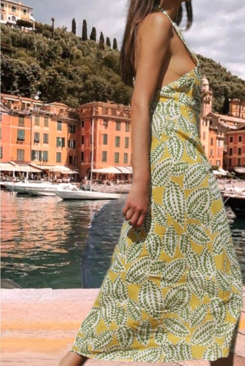 ZARA SS24 MIDI MULTICOLORED YELLOW PRINTED HALTER DRESS SZ