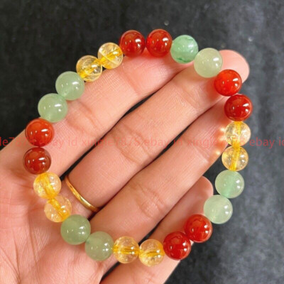 Colourful Natural 8mm Citrine Carnelian Gems Reiki Healing Stretch Bracelet7.5in