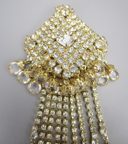 60'S FLASHY 5 1/2" HOBE GOLDTONE DANGLING RHINESTONE BROOCH PIN & EARRINGS SET - Picture 3 of 9