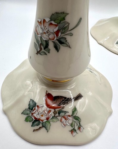 Set of 2 Vintage Lenox Serenade Candlestick Holders Bird Flowers Design Gold Rim - Picture 2 of 8