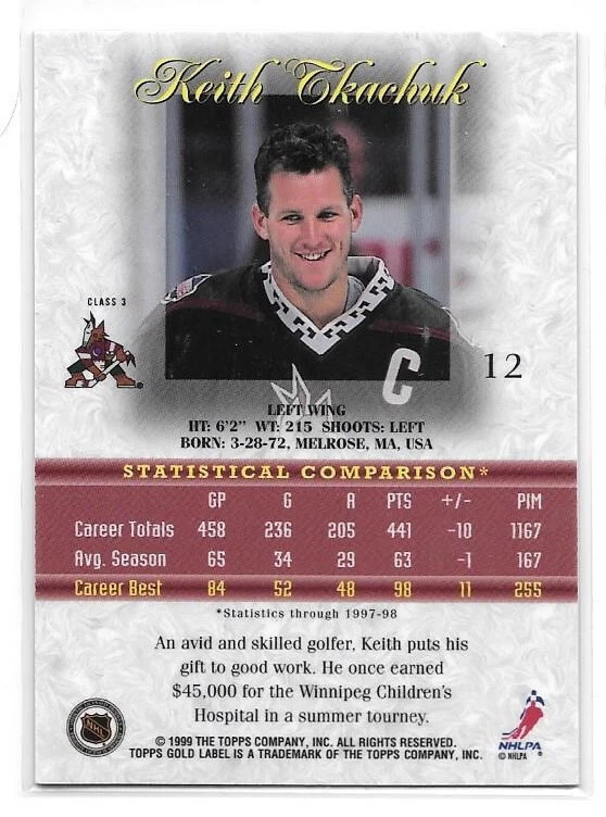1998-99 Topps Gold Label Hockey Class 3 Black Parallel #12 Keith Tkachuk - Image 2 of 2