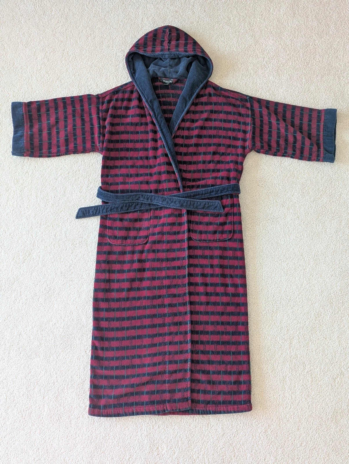 Ceinture robe rayée Christian Dior Monsieur tissu éponge rouge bleu vert vintage
