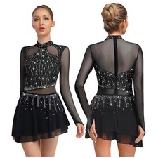 US Womens Rhinestone Lyrcial Dance Leotard Dress Chiffon Figure Skating Bodysuit