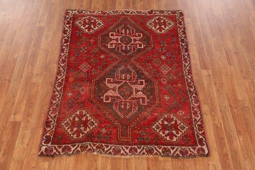 Red/ Ivory Traditional Geometric Wool Rug 4x5 ft Hand-knotted Vintage Carpet - Picture 13 of 19