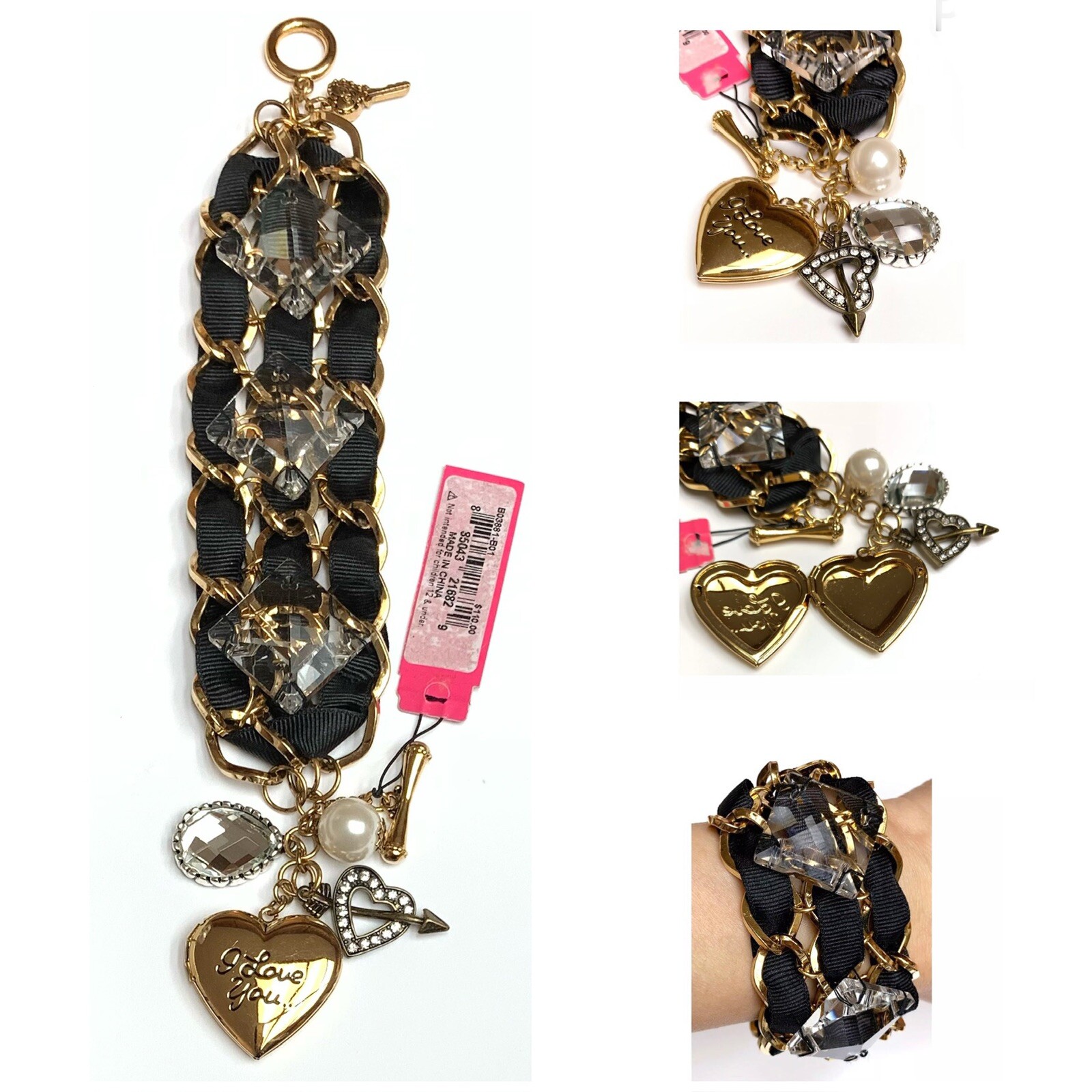 NWT Betsey Johnson CUPID’S ARROW Gold Tone Heart Locket Chains Bracelet-$110
