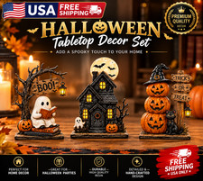 3pc Halloween Decor Set Haunted House Ghost Pumpkin Tabletop Statue Centerpiece
