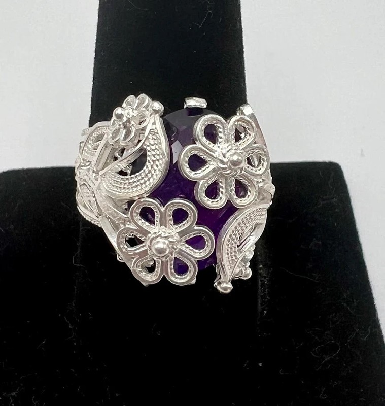 Ottoman Silver Bold Amethyst Wrapped Filigree Ring, Size 9