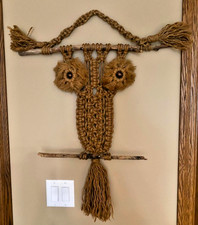 Vintage 1970s BOHO Rustic Handmade Macrame Jute Wood OWL Wall Hanging 32  x 25  