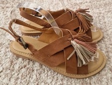 White Stuff Tan Brown Nubuck Leather Flat Tassel Sandals. Size 4. NEW!