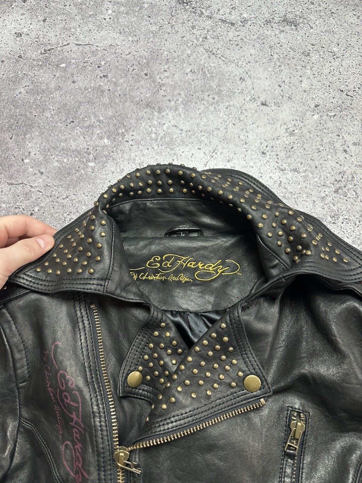 Vintage Ed Hardy by Christian Audigier Leather Jacket Women’s Black Logo Size L image 8