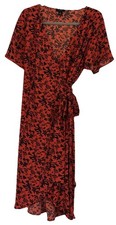 Halogen Red Orange Floral Wrap Dress Flutter Sleeves XS Midi Bold Cottage Core