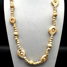 Vintage Beige Carved Wood Style Bead Necklace Geometric Ovals Boho Tribal Retro