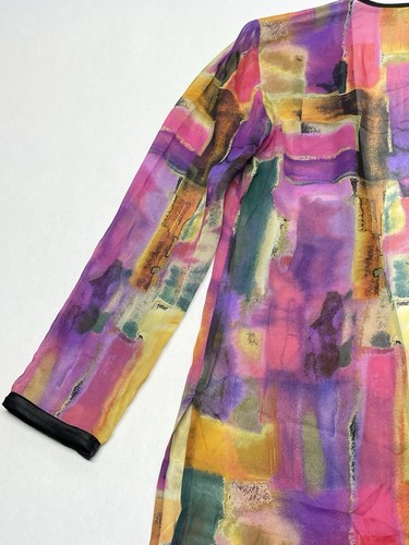 Rainbow Multi Watercolor Artsy Abstract Open Drape Silk Cardigan Chicos Size 0 S - Picture 11 of 20