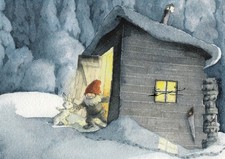 Pocztówka: Harald Wiberg - Tomte Tummetot dostaje wizytę od królika
