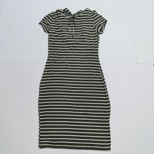 Iris Los Angeles Olive Green & White Striped Dress with Hoodie & Pocket, Size M