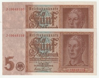 2x5 Reichsmark 1942 Reichsbanknote. Fortlaufende KN.